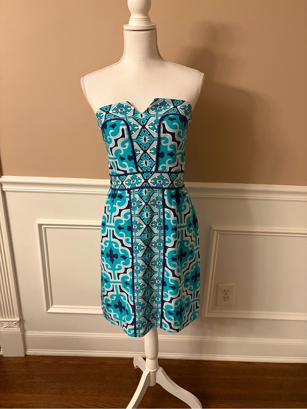 Annie Griffin Strapless Turquoise & Aqua Geometric Dress